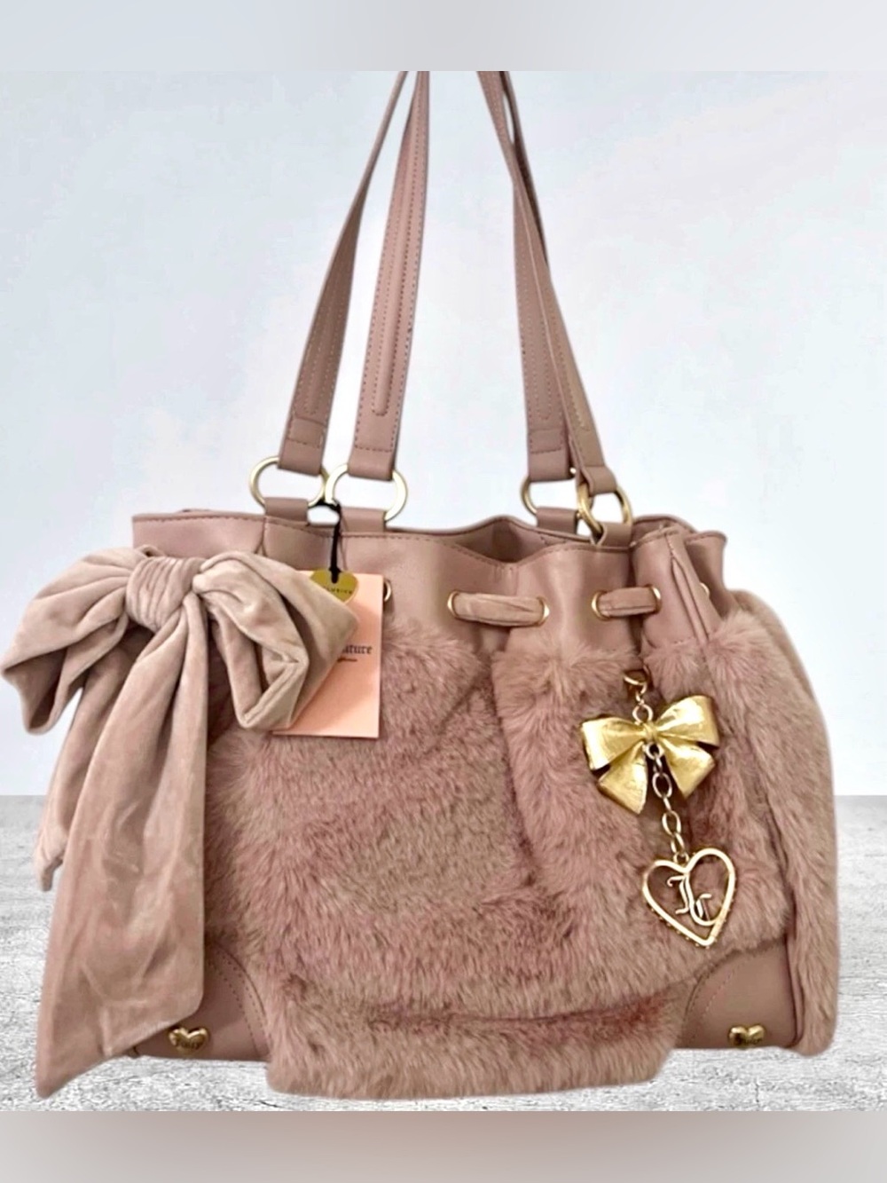 Juicy Couture Daydreamer Soul Sister Pink Faux Fur Tote Bag with Bow Charm NWT
